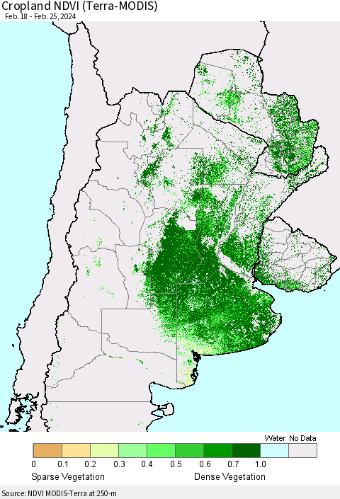 Southern South America Cropland NDVI (Terra-MODIS) Thematic Map For 2/18/2024 - 2/25/2024