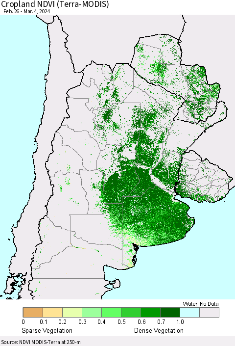 Southern South America Cropland NDVI (Terra-MODIS) Thematic Map For 2/26/2024 - 3/4/2024