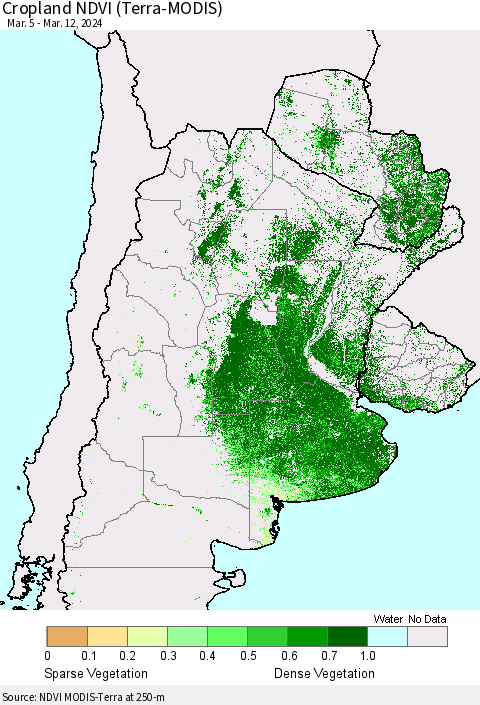 Southern South America Cropland NDVI (Terra-MODIS) Thematic Map For 3/5/2024 - 3/12/2024