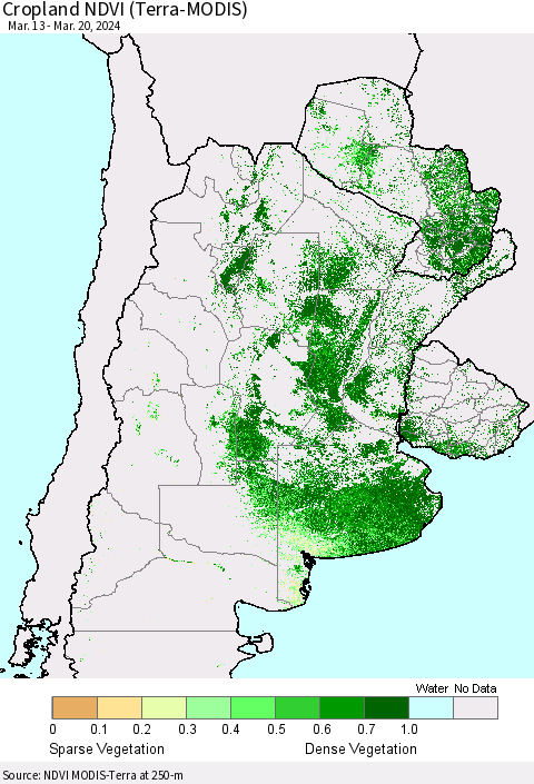 Southern South America Cropland NDVI (Terra-MODIS) Thematic Map For 3/13/2024 - 3/20/2024