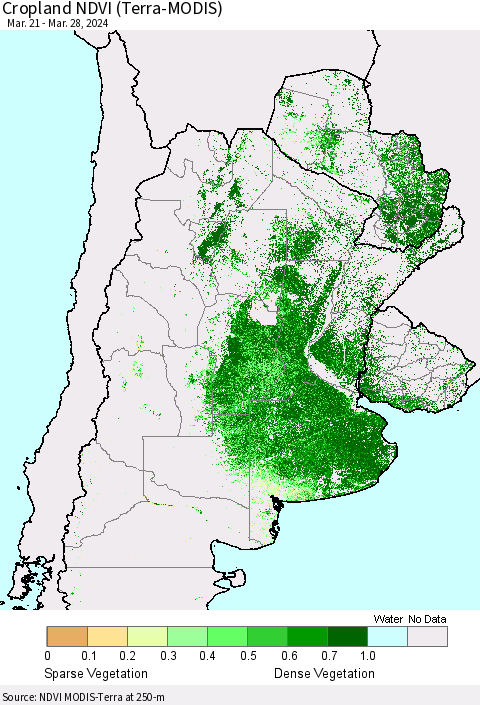 Southern South America Cropland NDVI (Terra-MODIS) Thematic Map For 3/21/2024 - 3/28/2024