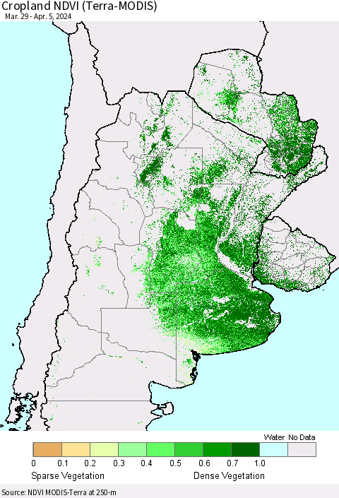 Southern South America Cropland NDVI (Terra-MODIS) Thematic Map For 3/29/2024 - 4/5/2024