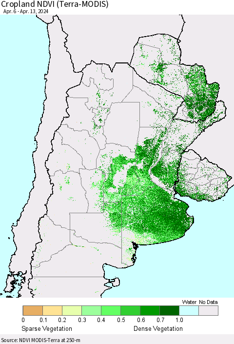 Southern South America Cropland NDVI (Terra-MODIS) Thematic Map For 4/6/2024 - 4/13/2024