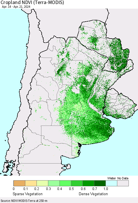 Southern South America Cropland NDVI (Terra-MODIS) Thematic Map For 4/14/2024 - 4/21/2024