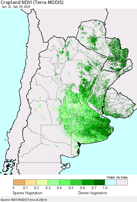 Southern South America Cropland NDVI (Terra-MODIS) Thematic Map For 4/22/2024 - 4/29/2024