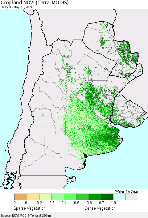 Southern South America Cropland NDVI (Terra-MODIS) Thematic Map For 5/8/2024 - 5/15/2024