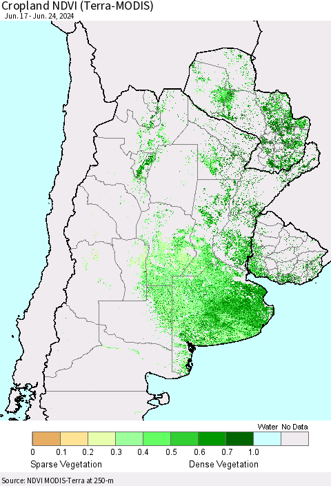 Southern South America Cropland NDVI (Terra-MODIS) Thematic Map For 6/17/2024 - 6/24/2024