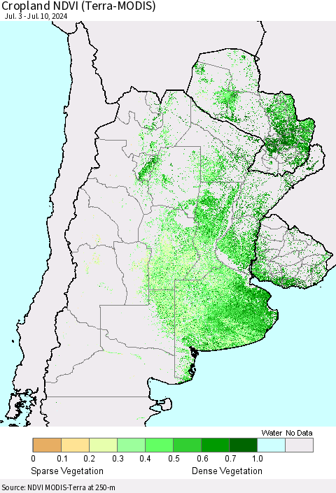 Southern South America Cropland NDVI (Terra-MODIS) Thematic Map For 7/3/2024 - 7/10/2024