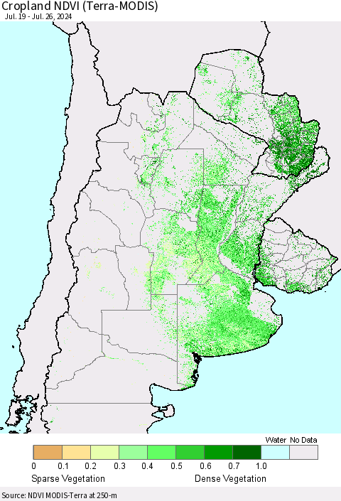 Southern South America Cropland NDVI (Terra-MODIS) Thematic Map For 7/19/2024 - 7/26/2024