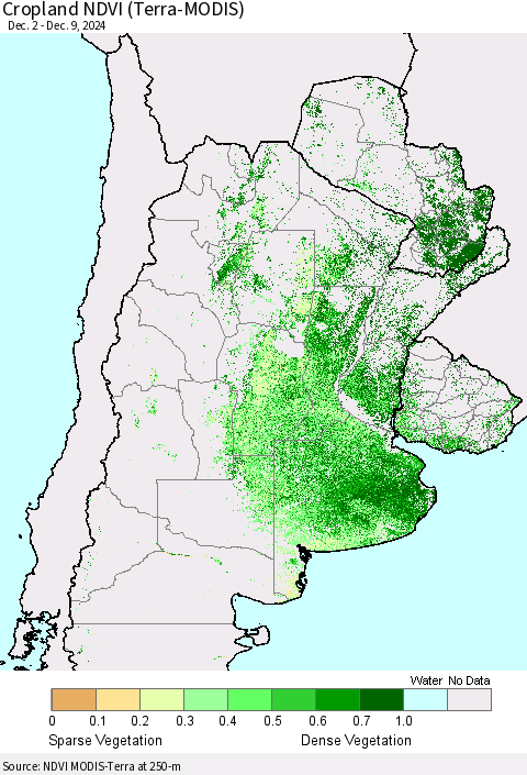 Southern South America Cropland NDVI (Terra-MODIS) Thematic Map For 12/2/2024 - 12/9/2024