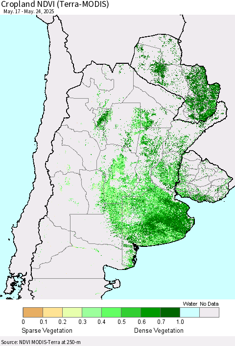 Southern South America Cropland NDVI (Terra-MODIS) Thematic Map For 5/17/2025 - 5/24/2025