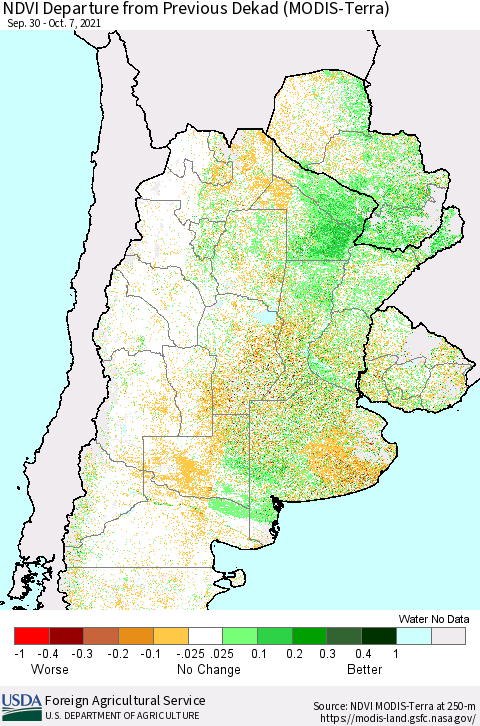 Southern South America NDVI Departure from Previous Dekad (Terra-MODIS) Thematic Map For 10/1/2021 - 10/10/2021