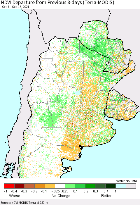 Southern South America NDVI Departure from Previous 8-days (Terra-MODIS) Thematic Map For 10/8/2021 - 10/15/2021