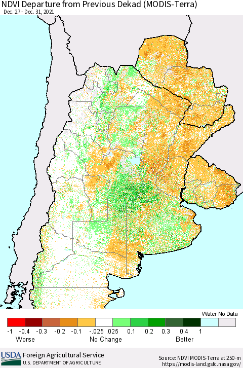 Southern South America NDVI Departure from Previous Dekad (Terra-MODIS) Thematic Map For 12/21/2021 - 12/31/2021