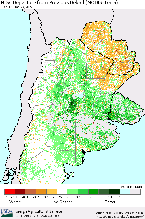 Southern South America NDVI Departure from Previous Dekad (Terra-MODIS) Thematic Map For 1/21/2022 - 1/31/2022