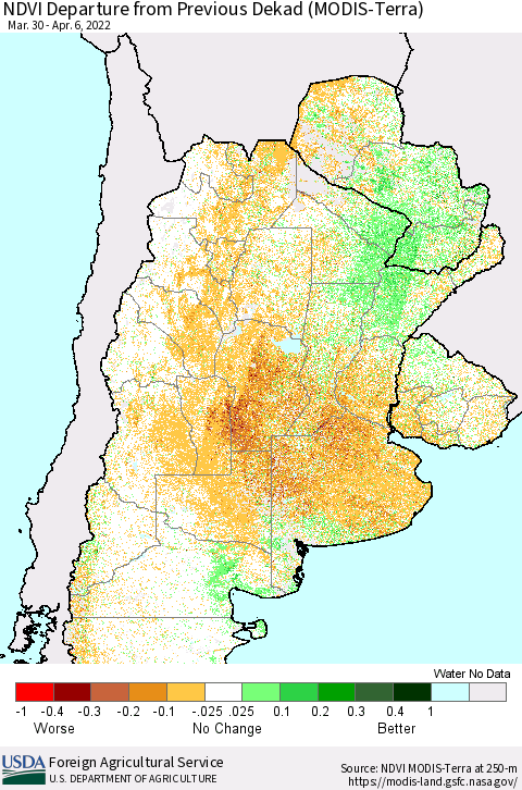 Southern South America NDVI Departure from Previous Dekad (Terra-MODIS) Thematic Map For 4/1/2022 - 4/10/2022