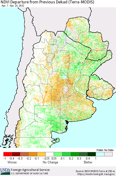 Southern South America NDVI Departure from Previous Dekad (Terra-MODIS) Thematic Map For 4/11/2022 - 4/20/2022