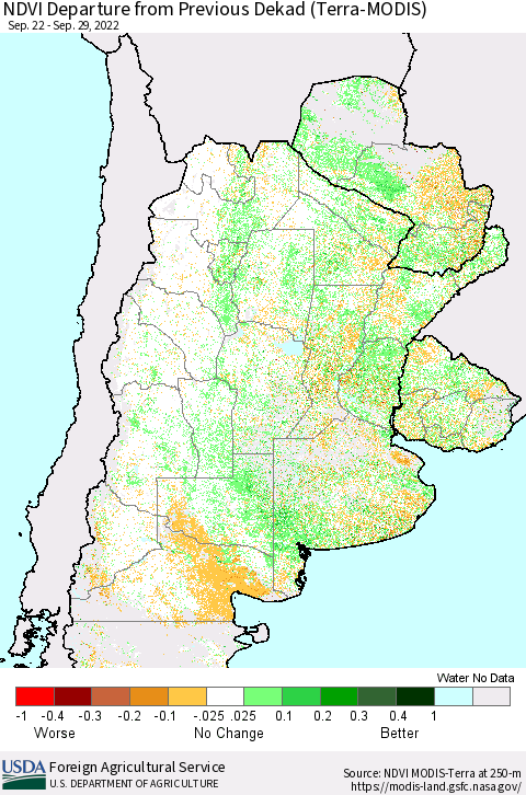 Southern South America NDVI Departure from Previous Dekad (Terra-MODIS) Thematic Map For 9/21/2022 - 9/30/2022