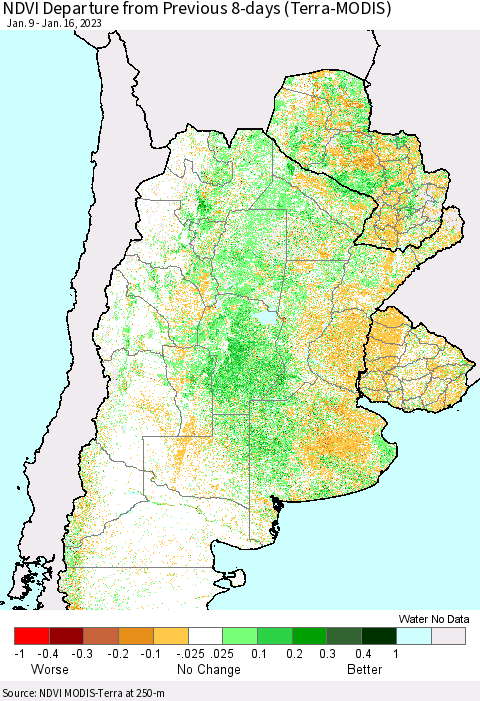 Southern South America NDVI Departure from Previous 8-days (Terra-MODIS) Thematic Map For 1/9/2023 - 1/16/2023