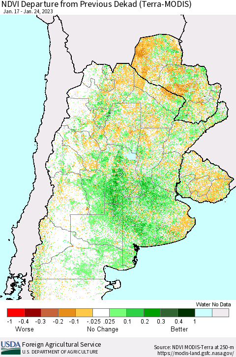 Southern South America NDVI Departure from Previous Dekad (Terra-MODIS) Thematic Map For 1/21/2023 - 1/31/2023