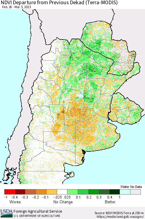 Southern South America NDVI Departure from Previous Dekad (Terra-MODIS) Thematic Map For 3/1/2023 - 3/10/2023