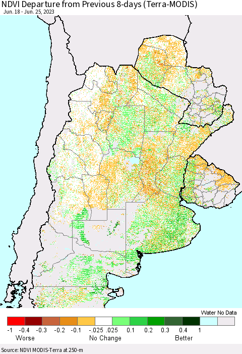 Southern South America NDVI Departure from Previous 8-days (Terra-MODIS) Thematic Map For 6/18/2023 - 6/25/2023