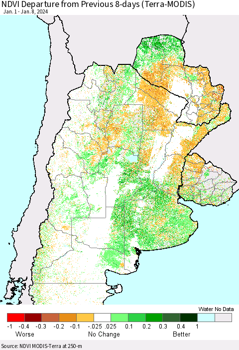 Southern South America NDVI Departure from Previous 8-days (Terra-MODIS) Thematic Map For 1/1/2024 - 1/8/2024
