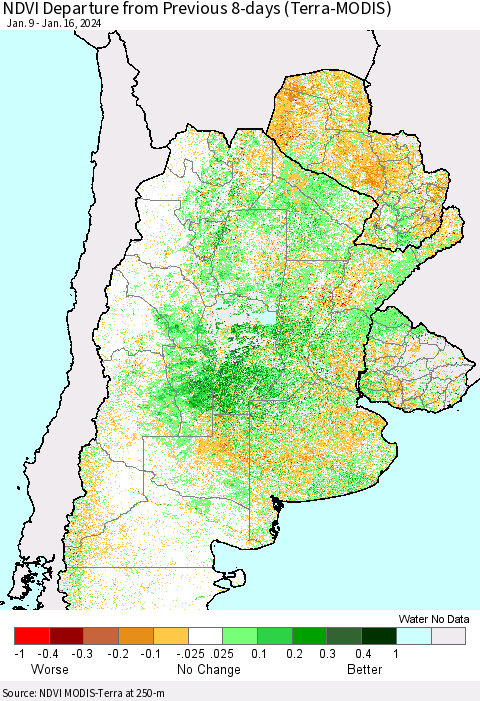 Southern South America NDVI Departure from Previous 8-days (Terra-MODIS) Thematic Map For 1/9/2024 - 1/16/2024