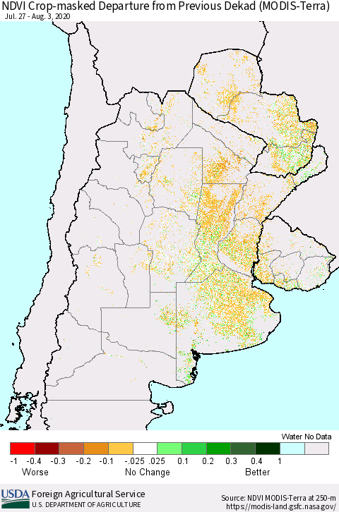 Southern South America Cropland NDVI Departure from Previous Dekad (Terra-MODIS) Thematic Map For 8/1/2020 - 8/10/2020