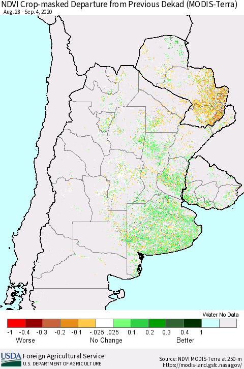 Southern South America Cropland NDVI Departure from Previous Dekad (Terra-MODIS) Thematic Map For 9/1/2020 - 9/10/2020