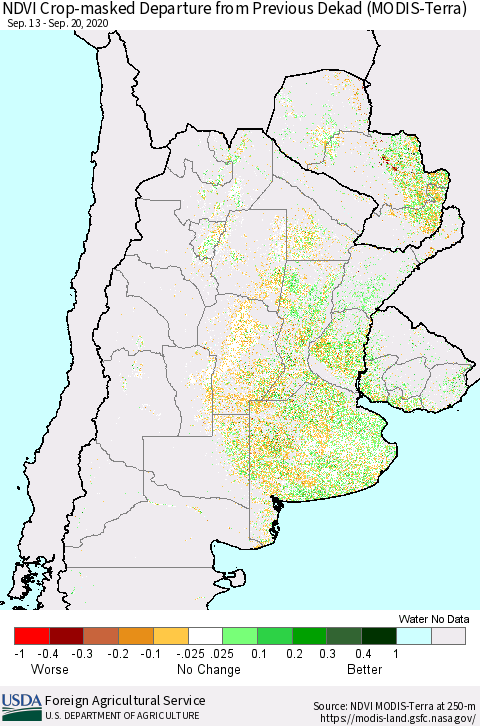 Southern South America Cropland NDVI Departure from Previous Dekad (Terra-MODIS) Thematic Map For 9/11/2020 - 9/20/2020