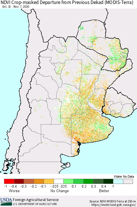 Southern South America Cropland NDVI Departure from Previous Dekad (Terra-MODIS) Thematic Map For 11/1/2020 - 11/10/2020