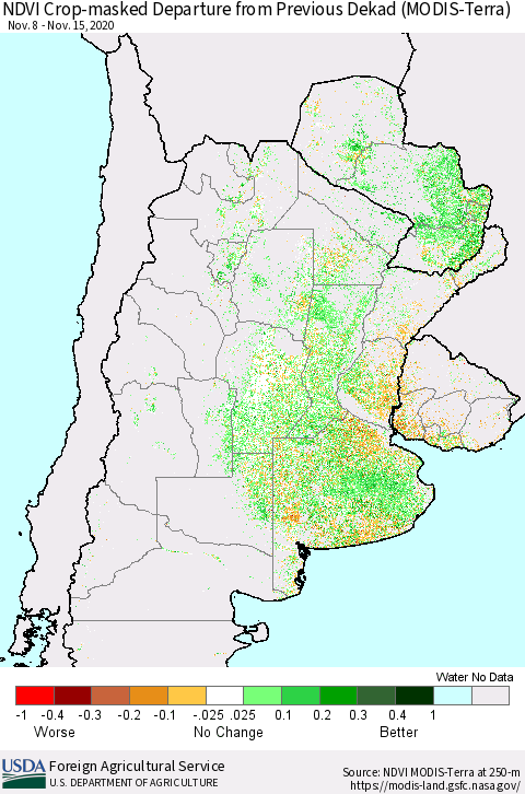 Southern South America Cropland NDVI Departure from Previous Dekad (Terra-MODIS) Thematic Map For 11/11/2020 - 11/20/2020