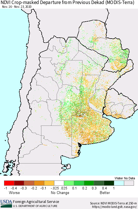 Southern South America Cropland NDVI Departure from Previous Dekad (Terra-MODIS) Thematic Map For 11/21/2020 - 11/30/2020
