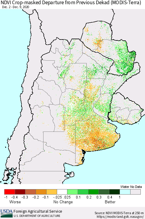 Southern South America Cropland NDVI Departure from Previous Dekad (Terra-MODIS) Thematic Map For 12/1/2020 - 12/10/2020