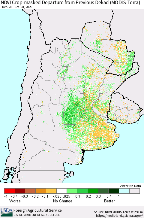 Southern South America Cropland NDVI Departure from Previous Dekad (Terra-MODIS) Thematic Map For 12/21/2020 - 12/31/2020