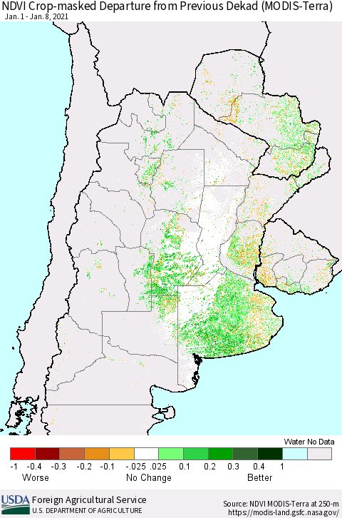 Southern South America Cropland NDVI Departure from Previous Dekad (Terra-MODIS) Thematic Map For 1/1/2021 - 1/10/2021