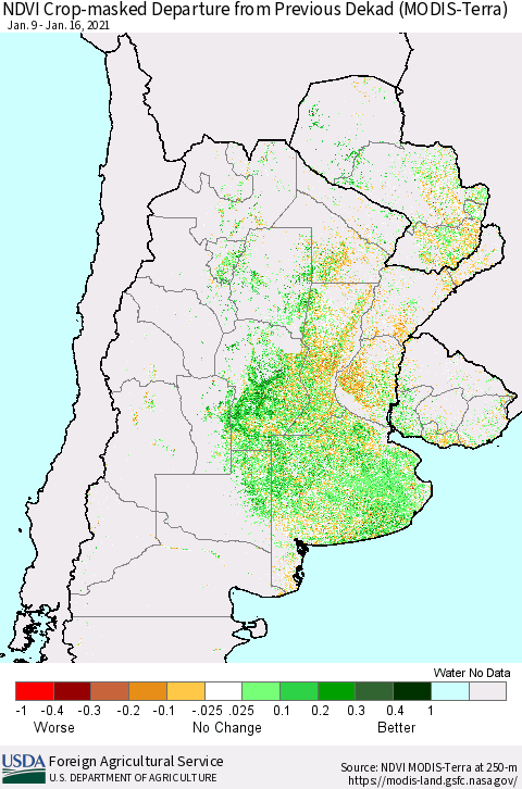 Southern South America Cropland NDVI Departure from Previous Dekad (Terra-MODIS) Thematic Map For 1/11/2021 - 1/20/2021