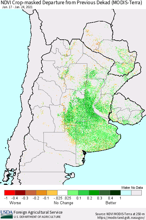 Southern South America Cropland NDVI Departure from Previous Dekad (Terra-MODIS) Thematic Map For 1/21/2021 - 1/31/2021