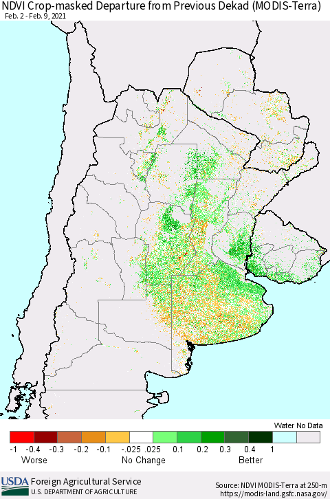 Southern South America Cropland NDVI Departure from Previous Dekad (Terra-MODIS) Thematic Map For 2/1/2021 - 2/10/2021