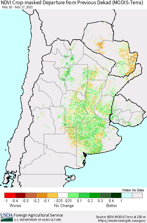 Southern South America Cropland NDVI Departure from Previous Dekad (Terra-MODIS) Thematic Map For 2/11/2021 - 2/20/2021