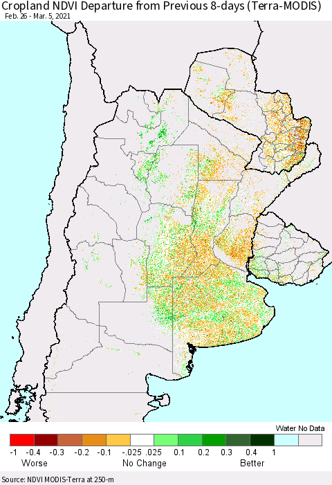 Southern South America Cropland NDVI Departure from Previous 8-days (Terra-MODIS) Thematic Map For 2/26/2021 - 3/5/2021