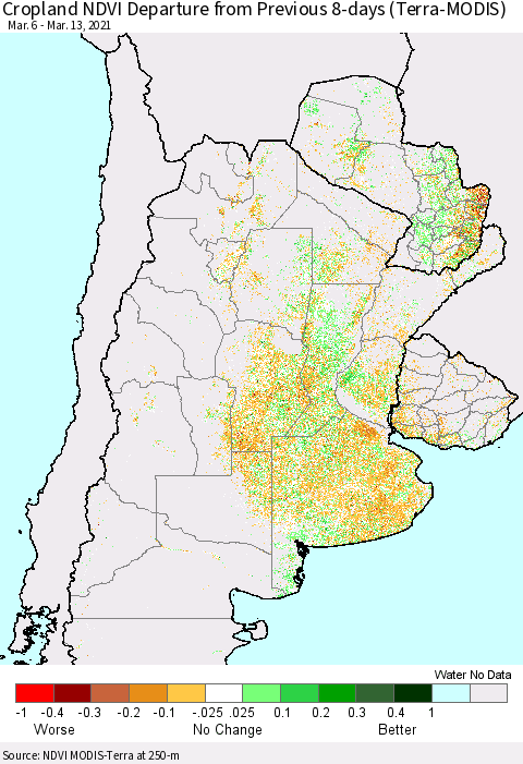 Southern South America Cropland NDVI Departure from Previous 8-days (Terra-MODIS) Thematic Map For 3/6/2021 - 3/13/2021