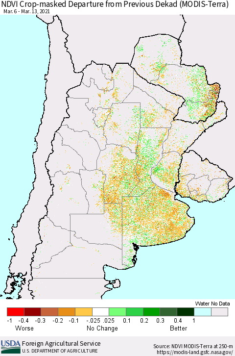 Southern South America Cropland NDVI Departure from Previous Dekad (Terra-MODIS) Thematic Map For 3/11/2021 - 3/20/2021