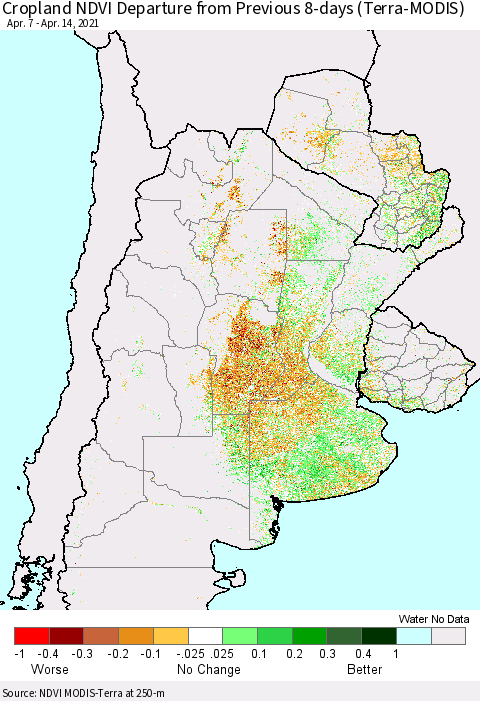Southern South America Cropland NDVI Departure from Previous 8-days (Terra-MODIS) Thematic Map For 4/7/2021 - 4/14/2021