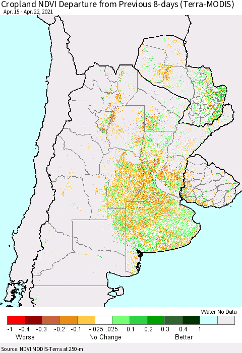 Southern South America Cropland NDVI Departure from Previous 8-days (Terra-MODIS) Thematic Map For 4/15/2021 - 4/22/2021