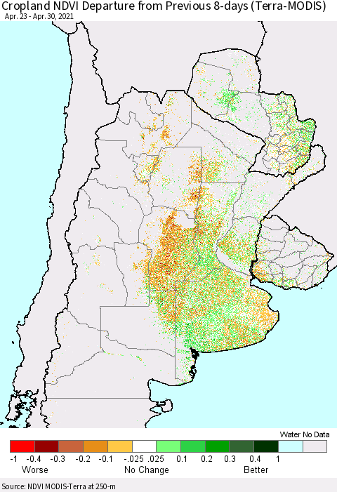 Southern South America Cropland NDVI Departure from Previous Dekad (Terra-MODIS) Thematic Map For 4/21/2021 - 4/30/2021