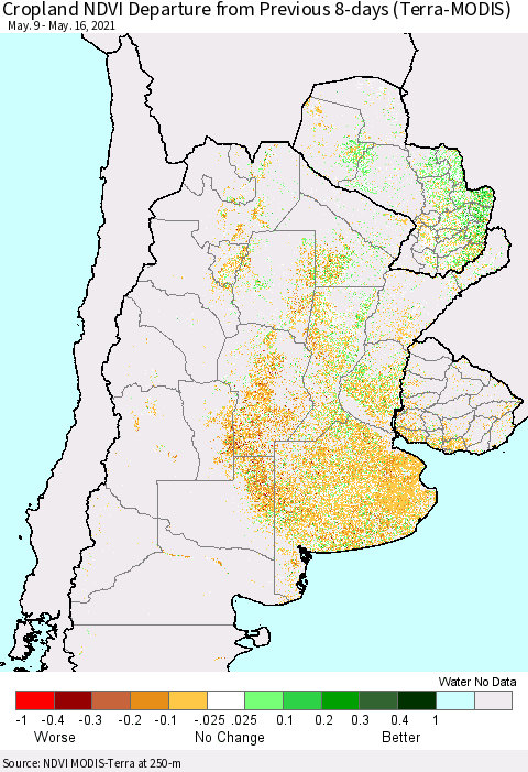 Southern South America Cropland NDVI Departure from Previous 8-days (Terra-MODIS) Thematic Map For 5/9/2021 - 5/16/2021