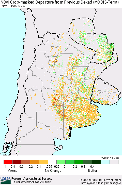 Southern South America Cropland NDVI Departure from Previous Dekad (Terra-MODIS) Thematic Map For 5/11/2021 - 5/20/2021