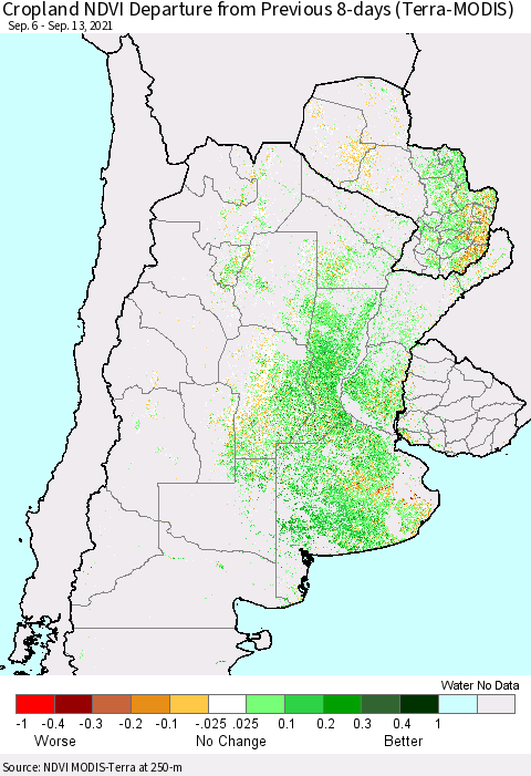 Southern South America Cropland NDVI Departure from Previous 8-days (Terra-MODIS) Thematic Map For 9/6/2021 - 9/13/2021